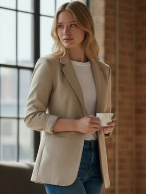 Silk Lauren Ralph Lauren Beige Single-Button Tailored Blazer